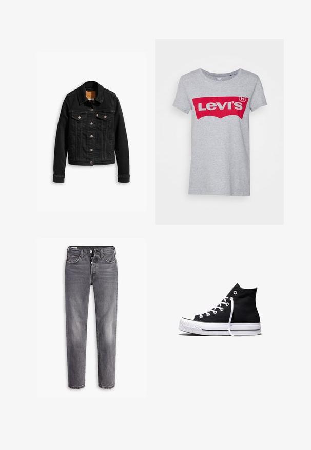 Sort denimjakke med to brystlommer, sølvknap-lukninger og klassisk krave. Glat tekstur med kontrasterende syningsdetaljer.; Grå bomulds t-shirt med et stort rødt Levi's-logo på tværs af brystet, med en klassisk rund halsudskæring og korte ærmer.; Grå denim jeans med høj talje. Har fem lommer, knap- og lynlåslukning samt en subtil falmet tekstur med kontrasterende syninger.; Sort high-top canvas sneaker med hvid gummisål og hvide snørebånd, vist fra siden mod en hvid baggrund.