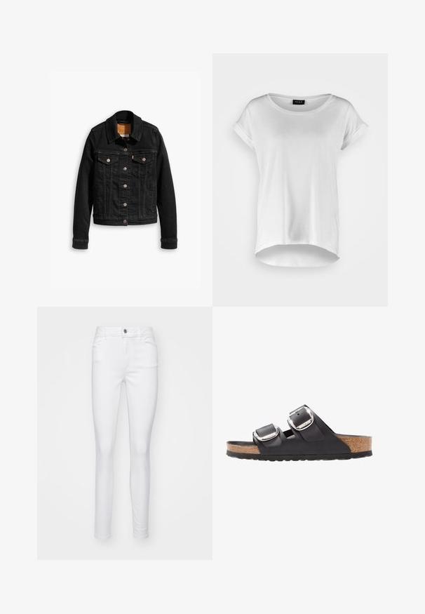 Zwarte denimjack met twee voorzakken op de borst, zilveren knoopsluitingen en een klassieke kraag. Soepele textuur met contrasterende stikdetails.; Witte T-shirt met korte mouwen en ronde halslijn, iets langere achterkant, zachte katoen stof en opgerolde mouwen. Geen zichtbare prints.; Witte skinny jeans van denim, met een sluiting aan de voorkant met knoop, vijf zakken en een gladde textuur in de hele stof.; Zwarte sandaal met twee verstelbare banden, zilveren gespen en een kurken voetbed op een gestructureerde zwarte rubberen zool.