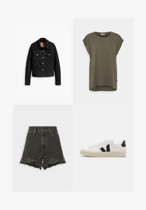 Veste en denim noir avec deux poches poitrine à l'avant, fermetures à boutons argentés et col classique. Texture lisse avec des détails de couture contrastants.; Noisy May MATHILDE LOOSE LONG - T-shirt basique - kalamata; Shorts en denim noir avec des ourlets effilochés, taille haute, cinq poches et une fermeture à boutons. La texture abîmée ajoute de l'intérêt visuel.; Baskets en cuir blanc avec un logo V en caoutchouc noir. Semelle texturée blanc cassé, lacets blancs et détail sur le talon arrière portant le nom de la marque en noir.
