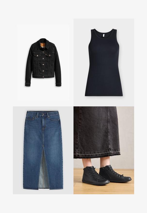 Veste en denim noir avec deux poches poitrine à l'avant, fermetures à boutons argentés et col classique. Texture lisse avec des détails de couture contrastants.; Débardeur noir côtelé sans manches avec encolure ronde, présenté à plat sur un fond clair.; Jupe midi en denim bleu avec fente centrale à l'avant, passants de ceinture, fermeture par bouton et style cinq poches.; Chaussures montantes en cuir noir avec une texture lisse, dotées de lacets et d'une fermeture éclair sur le côté. Portées avec une longue jupe en denim noire.