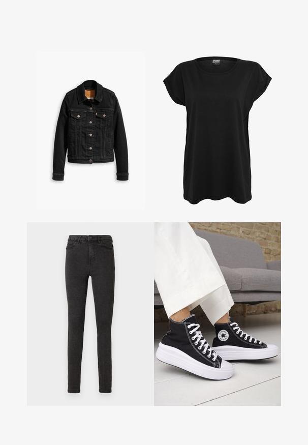 Veste en denim noir avec deux poches poitrine à l'avant, fermetures à boutons argentés et col classique. Texture lisse avec des détails de couture contrastants.; T-shirt en coton noir avec des manches courtes, un col rond et une coupe décontractée. Présente une étiquette sur le col. Texture lisse et design simple.; Jean skinny noir en denim, avec une taille haute, cinq poches et une texture subtile. Lavable en machine avec une braguette à fermeture éclair.; Baskets montantes noires avec semelles et lacets en caoutchouc blanc. Dotées d'un patch logo rond et de surpiqûres blanches contrastantes. Matière en toile.