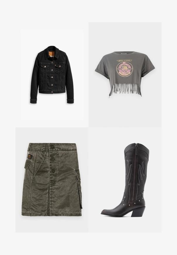 Schwarze Jeansjacke mit zwei Brusttaschen, silbernen Knopfverschlüssen und einem klassischen Kragen. Glatte Textur mit kontrastierenden Nähten.; Graues, kurzes T-Shirt mit kurzen Ärmeln, das mit einem Löwengrafik und dem Text "RACE TO WIN" versehen ist, abgerundet mit einem eingefranzten Saum. Aus weichem Baumwollmaterial.; Olivgrüner Rock mit Knopfverschluss, gefertigt aus strukturierter Stoff, mit einer Seiten Tasche und gestickten Details. Reguläre Passform, knielanges Design.; Braune Cowboy-Stiefel aus Leder mit Flammenstickerei, seitlichem Reißverschluss, silbernen Nieten, spitzer Zehenpartie und geschichtetem Absatz.