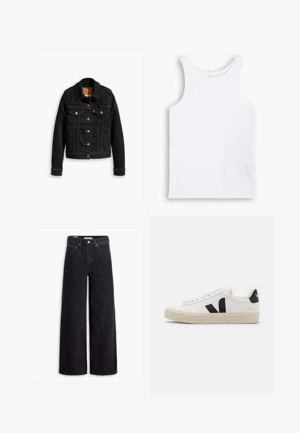 Schwarze Jeansjacke mit zwei Brusttaschen, silbernen Knopfverschlüssen und einem klassischen Kragen. Glatte Textur mit kontrastierenden Nähten.; Weißes Baumwoll-Tanktop mit breiten Schulterträgern, einem runden Halsausschnitt und einer glatten, gerippten Textur. Keine Muster oder Akzente vorhanden.; Schwarze weite Jeans aus Denim mit fünf Taschen, Kupferrivets und einem klassischen Knopfverschluss. Glatte Textur mit einem klaren Design.; Weißes Leder-Sneaker mit schwarzem Gummi-V-Logo. Strukturierte cremefarbene Sohle, weiße Schnürsenkel und Fersendetail in Schwarz mit dem Markennamen.