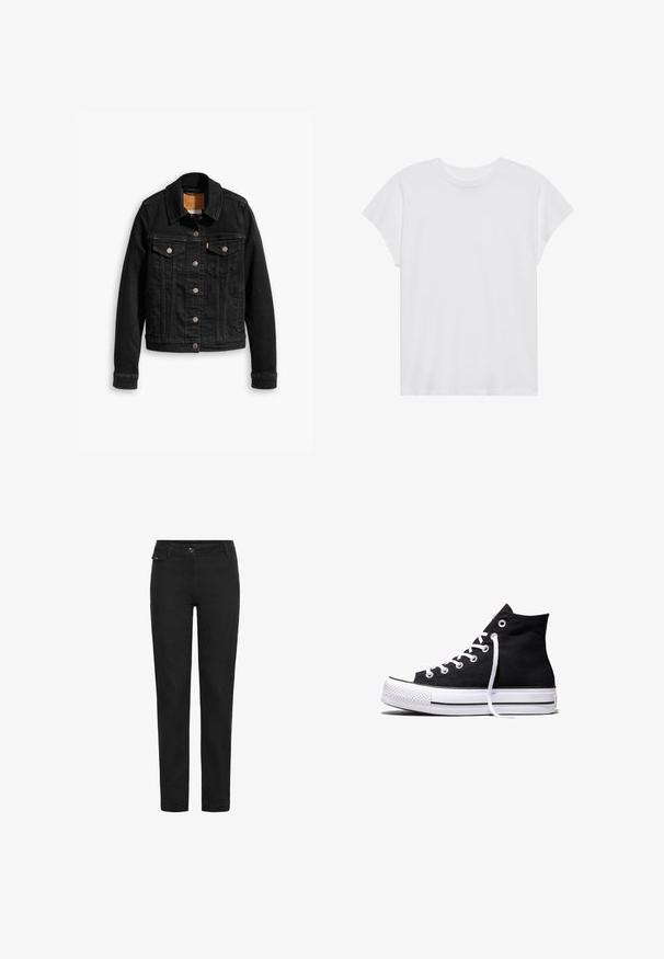 Zwarte denimjack met twee voorzakken op de borst, zilveren knoopsluitingen en een klassieke kraag. Soepele textuur met contrasterende stikdetails.; Witte t-shirt met korte mouwen, ronde hals, relaxte pasvorm, gemaakt van zacht katoen. Glad textuur, geen patronen of logo's.; Zwarte rechte broek met knoopsluiting, riemlussen en een klein flapzakje aan de rechterkant dicht bij de tailleband.; Zwarte hooggesloten canvas sneaker met witte rubberen zool en witte veters, zijwaarts weergegeven op een witte achtergrond.
