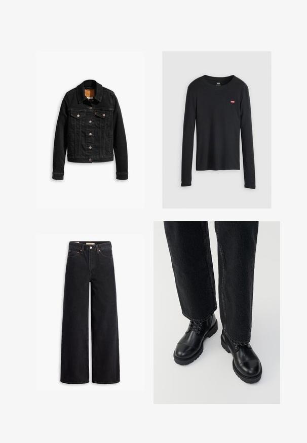 Zwarte denimjack met twee voorzakken op de borst, zilveren knoopsluitingen en een klassieke kraag. Soepele textuur met contrasterende stikdetails.; Zwarte langemouwen T-shirt van katoen, met een ronde hals en een klein rood Levi's-logo op de linkerkant van de borst. Textuurstof.; Zwarte brede jeans gemaakt van denim, met vijf zakken, koperen klinknagels en een klassieke knoopsluiting. Glad van textuur met een strakke uitstraling.; Zwarte leren enkellaarsjes met ronde neuzen, veters en een robuuste, dikke zool. Gecombineerd met donkere jeans met een ruwe zoomdetail.