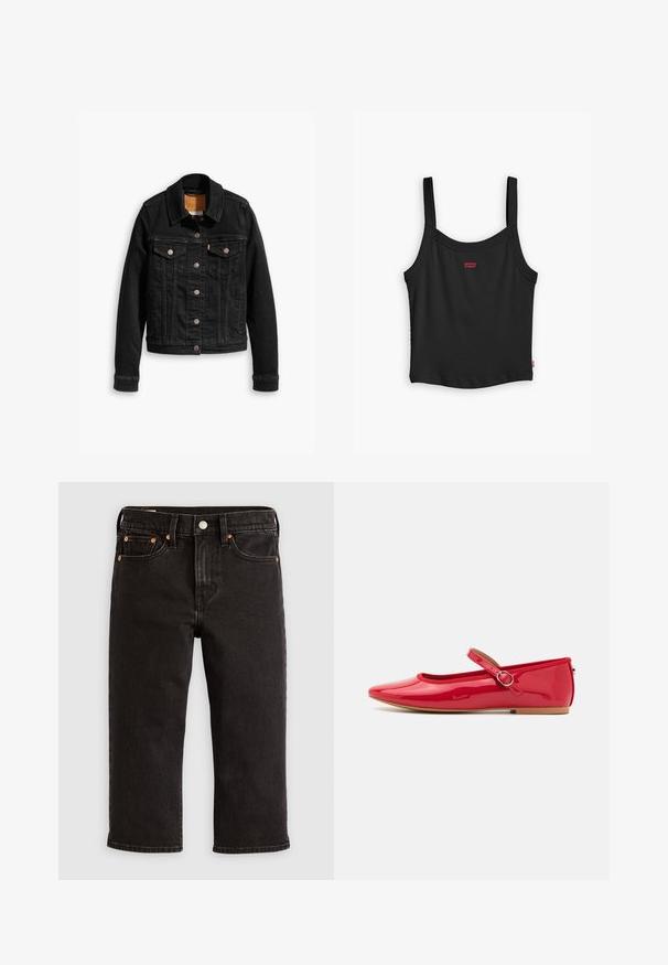 Veste en denim noir avec deux poches poitrine à l'avant, fermetures à boutons argentés et col classique. Texture lisse avec des détails de couture contrastants.; Débardeur noir à côtes avec des fines bretelles, arborant un petit logo rouge Levi's au centre devant et un ourlet droit.; Jean en denim noir à coupe droite, design à cinq poches, rivets en cuivre et fermeture par bouton. Le tissu a une texture lisse et une finition homogène.; Ballerines en cuir verni rouge avec un bout rond, une sangle élastique avec une boucle ronde, et une semelle plate beige. Surface lisse avec finition brillante.