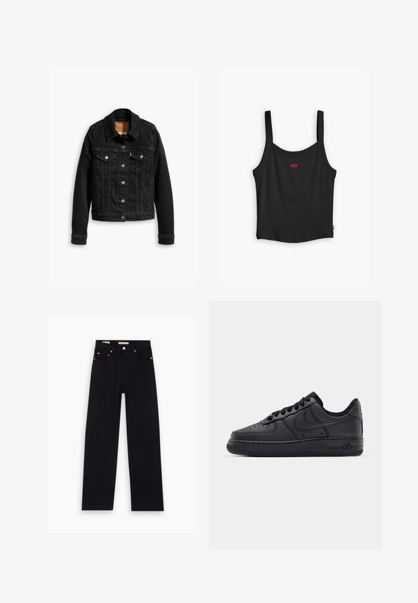 Veste en denim noir avec deux poches poitrine à l'avant, fermetures à boutons argentés et col classique. Texture lisse avec des détails de couture contrastants.; Débardeur noir à côtes avec des fines bretelles, arborant un petit logo rouge Levi's au centre devant et un ourlet droit.; Jean en denim noir avec une coupe droite, cinq poches, matériel en cuivre et texture lisse. Deux étiquettes visibles sur la taille.; Baskets en cuir noir avec boîte à orteils perforée, lacets plats et semelle en caoutchouc. Présente un petit logo sur le côté et des détails texturés.