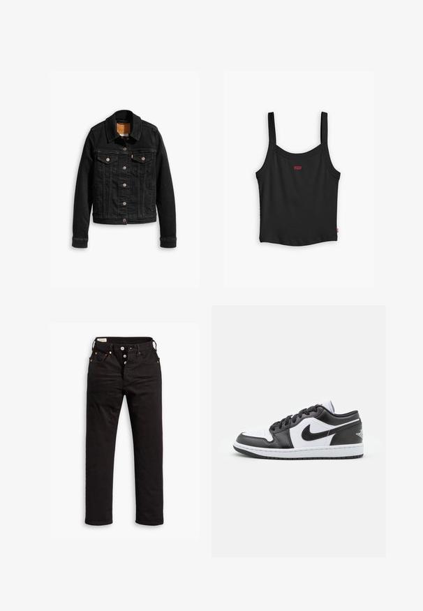 Schwarze Jeansjacke mit zwei Brusttaschen, silbernen Knopfverschlüssen und einem klassischen Kragen. Glatte Textur mit kontrastierenden Nähten.; Schwarzes geripptes Tanktop mit dünnen Trägern, das ein kleines rotes Levi's-Logo an der Vorderseite und einen geraden Saum aufweist.; Schwarze Straight-Leg-Jeans mit Knopfverschluss, Vorder- und Gesäßtaschen sowie Kupfennieten auf einem weißen Hintergrund.; Schwarz-weiße Nike Low-Top-Sneaker verfügen über ein glattes Leder-Obermaterial, eine runde Zehenpartie, eine Schnürung und eine gemusterte Gummisohle.
