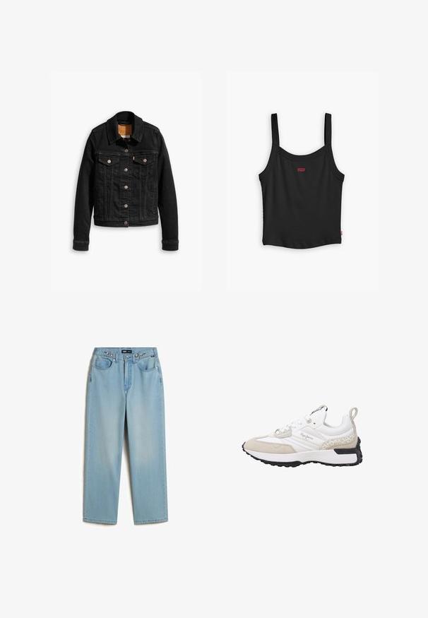 Schwarze Jeansjacke mit zwei Brusttaschen, silbernen Knopfverschlüssen und einem klassischen Kragen. Glatte Textur mit kontrastierenden Nähten.; Schwarzes geripptes Tanktop mit dünnen Trägern, das ein kleines rotes Levi's-Logo an der Vorderseite und einen geraden Saum aufweist.; Vans CINCHED CHECK - Baggy Jeans - light stonewash; Weißer und beiger Sneaker aus Wildleder- und Mesh-Materialien, mit strukturierten Akzenten, einer abgerundeten Zehenpartie und einer Gummisohle. Verfügt über ein Logo an der Seite.