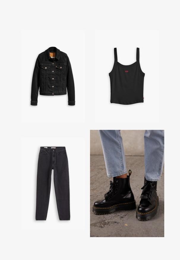 Sort denimjakke med to brystlommer, sølvknap-lukninger og klassisk krave. Glat tekstur med kontrasterende syningsdetaljer.; Sort ribbet tanktop med tynde stropper, med et lille rødt Levi's-logo i midten foran og en lige nederste kant.; Sorte denim jeans med lige ben-design, der har fem lommer, lukning med knap foran og syninger langs sømmene.; Person iført lyseblå jeans og sorte læder platformssnørestøvler med gul syning på en beton gulv.