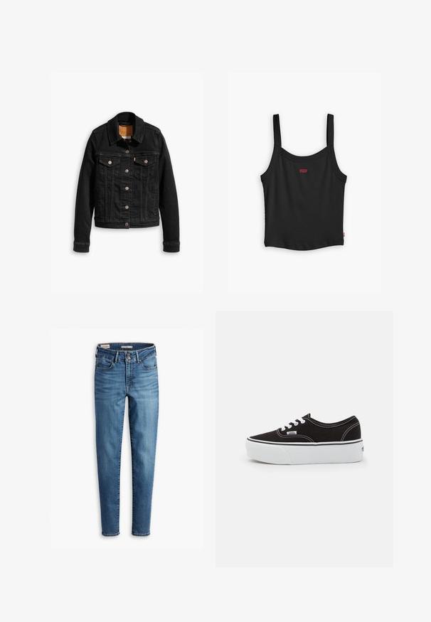 Sort denimjakke med to brystlommer, sølvknap-lukninger og klassisk krave. Glat tekstur med kontrasterende syningsdetaljer.; Sort ribbet tanktop med tynde stropper, med et lille rødt Levi's-logo i midten foran og en lige nederste kant.; Højtaljede, skinny jeans i lyseblå denim. Har fem lommer, frontknaplukning og klassiske syninger overalt.; Sort lærred sneakers med en hvid gummi platform sål, der har hvide snørebånd og syninger, ikonisk branding på siden, lav-top design.