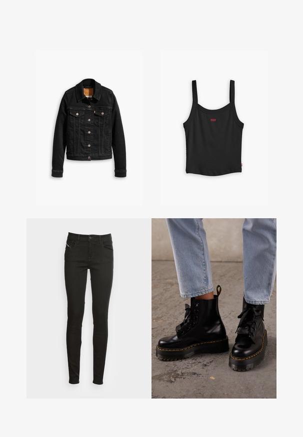 Mustmustest mustkas, millel on kaks esimest rinna taskut, hõbedased nupud ja klassikaline krae. Sujuv tekstuur kontrastsete õmbluste detailidega.; Must mustriba tank top õhukeste rihmadega, mille esiküljel on väike punane Levi's logo ja sirge alläär.; Mustad mustad slim-fit teksad, millel on esikotid, vöökummid, nööbikinnitus ja tõmblukk, esitatud Valge tausta taustal.; Inimene, kes kannab helesiniseid teksapükse ja musta nahast paeltega platvormsaapaid kollase õmblusega betoonpõrandal.