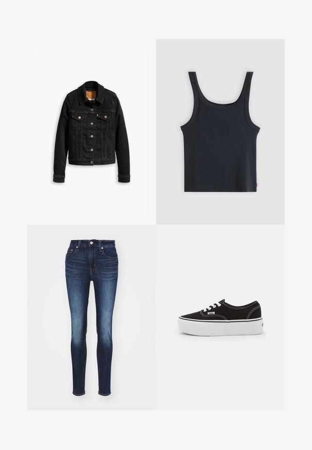 Schwarze Jeansjacke mit zwei Brusttaschen, silbernen Knopfverschlüssen und einem klassischen Kragen. Glatte Textur mit kontrastierenden Nähten.; Schwarzes, geripptes Tanktop mit breiten Schulterträgern und rundem Ausschnitt, flach auf einem hellgrauen Hintergrund liegend.; Dunkelblaue Skinny-Jeans mit mittelhohem Bund, mit einem verblassten Muster, fünf Taschen sowie metallischem Knopf- und Reißverschluss.; Schwarze Leinensneaker mit einer weißen Gummiplattformsohle, weißen Schnürsenkeln und Nähten, ikonischer Markenaufdruck an der Seite, im Low-Top-Design.