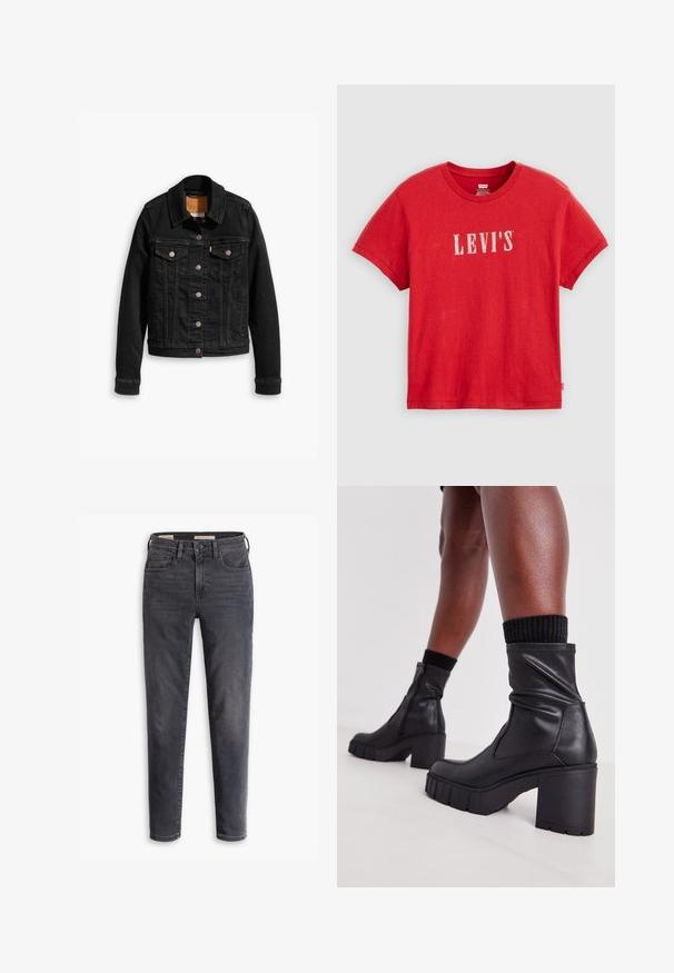 Veste en denim noir avec deux poches poitrine à l'avant, fermetures à boutons argentés et col classique. Texture lisse avec des détails de couture contrastants.; T-shirt rouge à manches courtes en coton, arborant un logo blanc "LEVI'S" sur la poitrine. Design classique à col rond, texture douce.; Jean slim gris foncé avec bouton sur le devant et fermeture éclair, style cinq poches, présenté sur fond blanc.; Bottes noires en cuir au niveau des chevilles avec un design plissé, un talon haut épais et une semelle en caoutchouc texturée. Comprend une fermeture éclair sur le côté.
