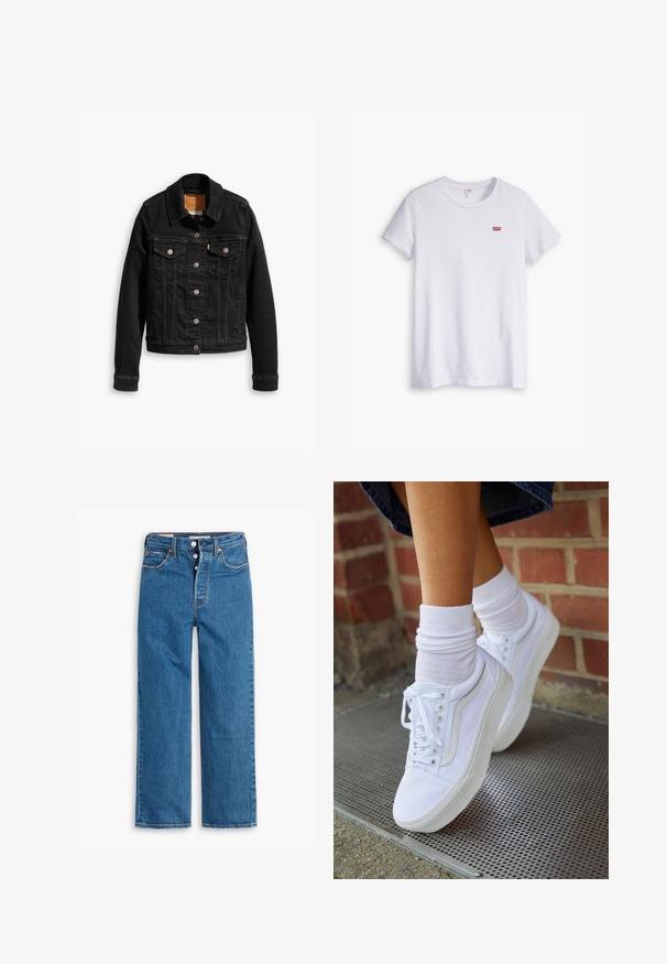 Sort denimjakke med to brystlommer, sølvknap-lukninger og klassisk krave. Glat tekstur med kontrasterende syningsdetaljer.; Hvid bomulds t-shirt med korte ærmer og rund halsudskæring. Har et lille rødt Levi's-logo på venstre brystområde.; Blå denim lige ben jeans med høj talje, fem lomme design og knaplukning. Markante syninger og kobberfarvede nitter.; Hvide lærreds sneakers med gummisåler, der har seks snørehuller, rund tå og let sømdetaljer, krydret med hvide ankelstrømper.