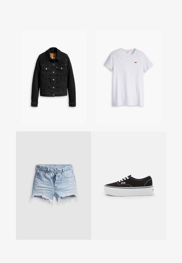 Veste en denim noir avec deux poches poitrine à l'avant, fermetures à boutons argentés et col classique. Texture lisse avec des détails de couture contrastants.; T-shirt en coton blanc à manches courtes et col rond. Présente un petit logo rouge Levi's sur la partie gauche de la poitrine.; Shorts en denim bleu clair avec bords effilochés, cinq poches et fermeture à boutons. La texture est douce avec un aspect légèrement usé.; Baskets en toile noires avec une semelle en caoutchouc blanc, dotées de lacets et de coutures blanches, marquage emblématique sur le côté, design basse.