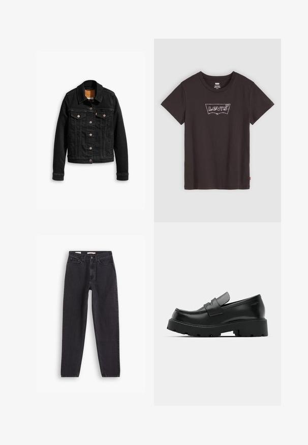 Schwarze Jeansjacke mit zwei Brusttaschen, silbernen Knopfverschlüssen und einem klassischen Kragen. Glatte Textur mit kontrastierenden Nähten.; Schwarzes Baumwoll-T-Shirt mit kurzen Ärmeln, das ein mit Strass besetztes Levi's-Logo auf der Brust und einen normalen Schnitt aufweist.; Schwarze Denim-Jeans mit geradem Bein, ausgestattet mit fünf Taschen, vorderer Knopfleiste und genähten Details entlang der Nähte.; Schwarze Leder-Loafers mit einer chunky strukturierten Sohle, ausgestattet mit einem Riemen über dem Spann und einer glatten, polierten Oberfläche.