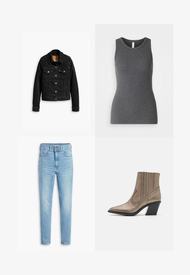 Zwarte denimjack met twee voorzakken op de borst, zilveren knoopsluitingen en een klassieke kraag. Soepele textuur met contrasterende stikdetails.; Grijze mouwloze tanktop van ribmateriaal; heeft een ronde halslijn en een getailleerd ontwerp. Geen patronen of extra accenten.; Levi's® RETRO HIGH SKINNY DOUBLE BUTTON - Jeans Skinny Fit - straight out of levi's�; Metalen bronzen enkelboot met een spitse neus, textuur oppervlak, verticale uitsparingen en een blokhak met een doorzichtig accent.
