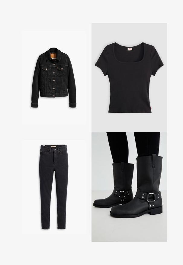 Zwarte denimjack met twee voorzakken op de borst, zilveren knoopsluitingen en een klassieke kraag. Soepele textuur met contrasterende stikdetails.; Zwarte top met korte mouwen van ribstof, met een brede vierkante halslijn en een aansluitende pasvorm, voorzien van een klein rood logo-label aan de onderrand.; Zwarte spijkerbroeken van denim met een hoge taille, slim fit en minimale stikseldetails. De stof heeft een lichte textuur met een gladde afwerking.; ONLY SHOES ONLBAX - Cowboy-/Bikerlaarzen - black