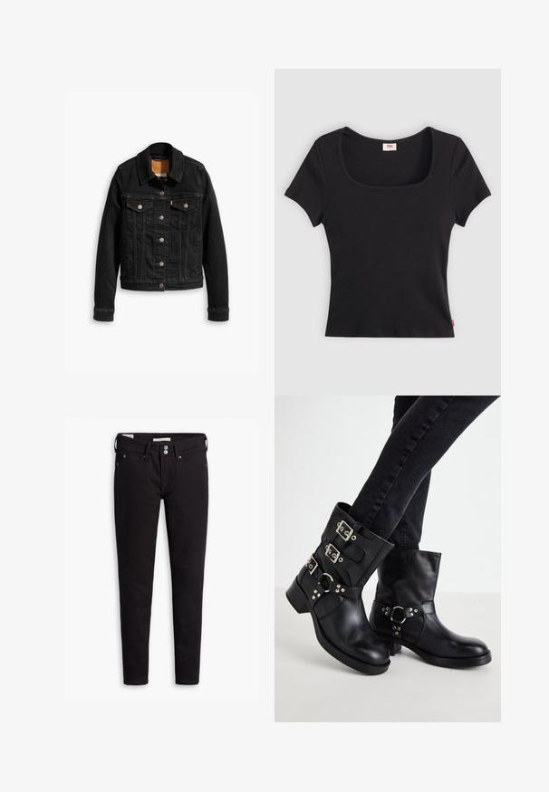 Veste en denim noir avec deux poches poitrine à l'avant, fermetures à boutons argentés et col classique. Texture lisse avec des détails de couture contrastants.; Haut noir à manches courtes en tissu côtelé, avec un décolleté carré large et une coupe ajustée, orné d'une petite étiquette logo rouge au bas.; Jeans en denim noir avec une coupe slim, dotés d'une fermeture à boutons, de cinq poches et de détails de couture subtils. Texture lisse et matériau durable.; Bottines en cuir noir avec trois accents de boucle, bout arrondi et un petit talon carré. Le design présente des panneaux lisses et texturés.