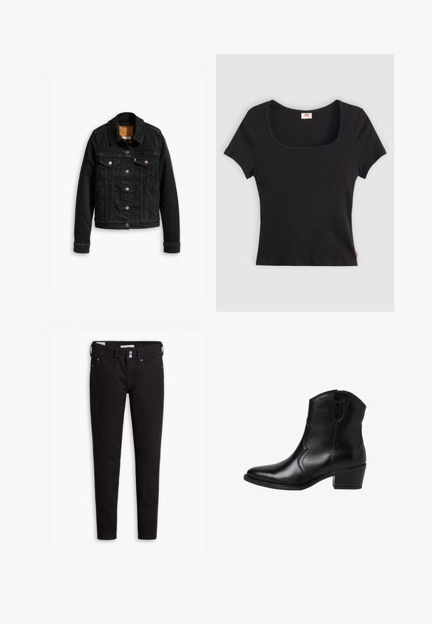 Veste en denim noir avec deux poches poitrine à l'avant, fermetures à boutons argentés et col classique. Texture lisse avec des détails de couture contrastants.; Haut noir à manches courtes en tissu côtelé, avec un décolleté carré large et une coupe ajustée, orné d'une petite étiquette logo rouge au bas.; Jeans en denim noir avec une coupe slim, dotés d'une fermeture à boutons, de cinq poches et de détails de couture subtils. Texture lisse et matériau durable.; Bottes noires en cuir à bout pointu, avec des coutures latérales courbées et un petit talon carré. Elles sont dotées d'une fermeture éclair et d'une texture lisse.