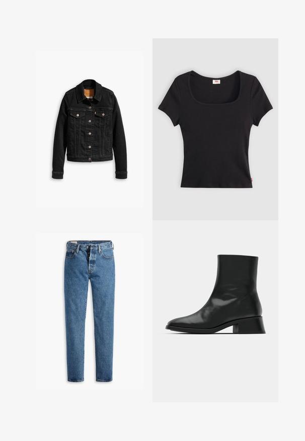 Schwarze Jeansjacke mit zwei Brusttaschen, silbernen Knopfverschlüssen und einem klassischen Kragen. Glatte Textur mit kontrastierenden Nähten.; Schwarzes Kurzarmoberteil aus rippenförmigem Stoff, mit einem breiten quadratischen Ausschnitt und einer figurnahen Passform, versehen mit einem kleinen roten Logotag am Saum.; Hellblaue Denim-Jeans mit geradem Schnitt, fünf Taschen und klassischem Knopfverschluss. Mit orangefarbenen Nähten und einer leicht verwaschenen Textur.; Schwarze Ankle Boots aus glänzendem Leder, mit einem eleganten Design, spitzer Zehenpartie und einem moderaten Blockabsatz für Stabilität.