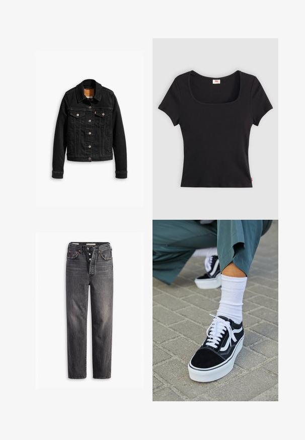 Sort denimjakke med to brystlommer, sølvknap-lukninger og klassisk krave. Glat tekstur med kontrasterende syningsdetaljer.; Sort kortærmet top lavet af ribbet stof, med en bred firkantet udkæring og en tætsiddende pasform, udstyret med et lille rødt logo-tag nederst.; Svarte denimjeans med lige snit, fem lommer, knaplukning og kontrasterende syninger. Struktureret stof med en falmet finish.; Sorte ruskinds sneakers med hvide accenter og snørebånd, der har en tyk hvid sål og kontrasterende syninger, parret med en hvid sok.