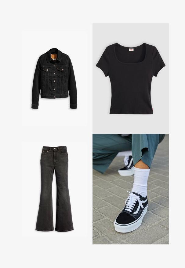 Sort denimjakke med to brystlommer, sølvknap-lukninger og klassisk krave. Glat tekstur med kontrasterende syningsdetaljer.; Sort kortærmet top lavet af ribbet stof, med en bred firkantet udkæring og en tætsiddende pasform, udstyret med et lille rødt logo-tag nederst.; Sorte højtaljede denim jeans med flagrende ben, fem-lomme design og kobbernitter.; Sorte ruskinds sneakers med hvide accenter og snørebånd, der har en tyk hvid sål og kontrasterende syninger, parret med en hvid sok.