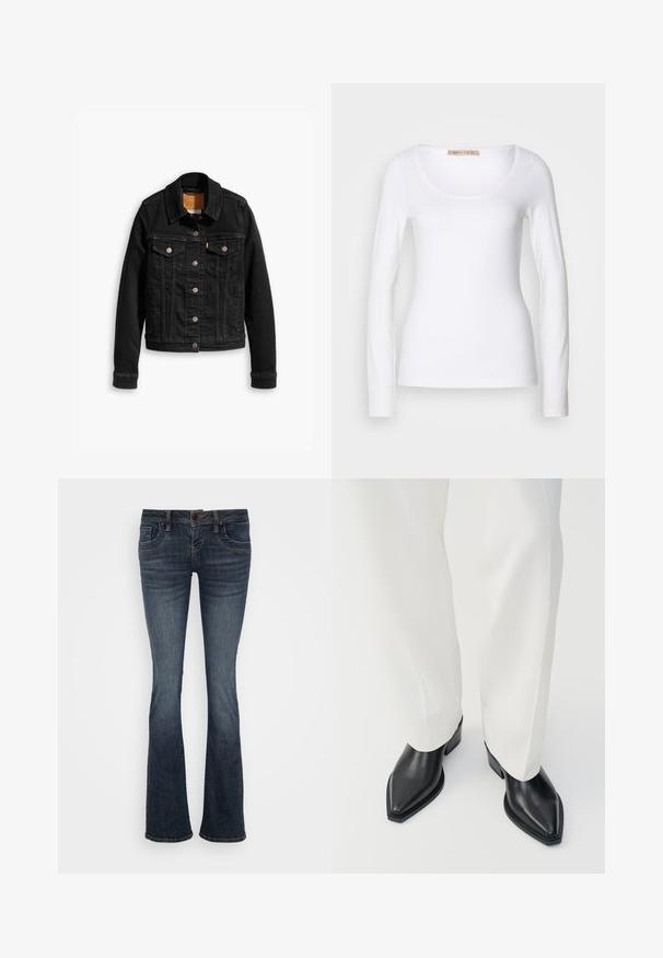 Schwarze Jeansjacke mit zwei Brusttaschen, silbernen Knopfverschlüssen und einem klassischen Kragen. Glatte Textur mit kontrastierenden Nähten.; Langärmliges, weißes Baumwoll-T-Shirt mit einem U-Ausschnitt und einer figurbetonten Passform, glatter Textur und ohne Verzierung.; Dunkelblaue ausgestellte Jeans mit mittelhohem Bund, fünf Taschen und subtilen Stichakzenten. Hergestellt aus Denim mit glatter Textur.; Schwarze spitz zulaufende Stiefeletten aus glattem Leder mit flachen Blockabsätzen, kombiniert mit weißen, weiten Hosen. Schlichtes und modernes Design.