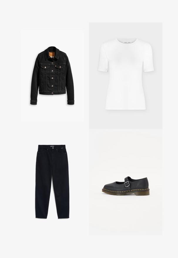 Zwarte denimjack met twee voorzakken op de borst, zilveren knoopsluitingen en een klassieke kraag. Soepele textuur met contrasterende stikdetails.; Wit T-shirt met korte mouwen en een ronde hals, een slanke pasvorm en geribbelde stof, weergegeven op een effen lichtgrijze achtergrond.; Zwarte denim jeans met een rechte pijp, vijf zakken en een knoopsluiting. De stof heeft een gladde textuur en minimale zichtbare stiksels.; Zwarte leren Mary Jane schoenen met een ronde neus, verstelbare gesp, gele stiksels en een stevige bruine rubberen zool.