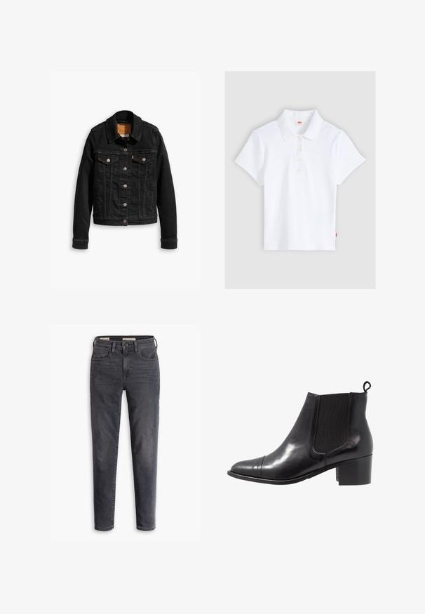 Zwarte denimjack met twee voorzakken op de borst, zilveren knoopsluitingen en een klassieke kraag. Soepele textuur met contrasterende stikdetails.; Wit kortärmelig geribd poloshirt met kraag en vier knopen, plat gelegd op een lichtgrijze achtergrond.; Donkergrijze slim-fit jeans met een voorste knoop en rits, vijfzakkenstijl, weergegeven tegen een witte achtergrond.; Zwarte leren enkelboot met elastische zijkanten, ronde neus en een getextureerde blokhak. Voorzien van een lusvormige trekhaak aan de achterkant voor gemakkelijk aan- en uittrekken.