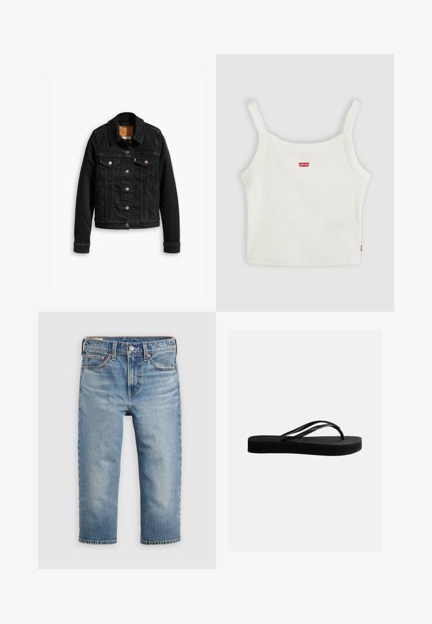 Schwarze Jeansjacke mit zwei Brusttaschen, silbernen Knopfverschlüssen und einem klassischen Kragen. Glatte Textur mit kontrastierenden Nähten.; Weißes geripptes Croptop mit dünnen Trägern und kleinem rotem Levi's-Logo vorne in der Mitte und an der Seitennaht.; Hellblaue Jeans aus Denim mit lockerem Schnitt, verkürzter Länge, fünf Taschen und Metallknopfverschluss. Verblasste Textur mit dezenten Nähdetails.; Schwarze Gummiflips mit strukturierter Sohle und Y-förmigem Riemen, seitliche Ansicht vor schlichtem hellem Hintergrund.