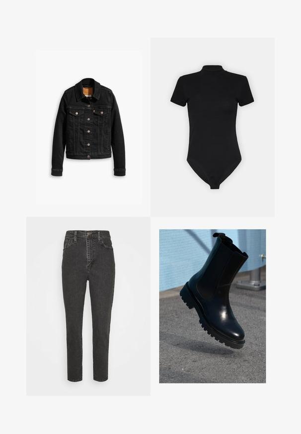 Schwarze Jeansjacke mit zwei Brusttaschen, silbernen Knopfverschlüssen und einem klassischen Kragen. Glatte Textur mit kontrastierenden Nähten.; Schwarzer bodysuit mit hohem Kragen, kurzen Ärmeln und tailliertem Design. Hergestellt aus einem glatten, dehnbaren Stoff mit nahtlosem Boden.; Schwarze, hoch geschnittene Denim-Jeans mit Slim Fit, versehen mit einem Knopfverschluss, Gürtelschlaufen und klassischem Fünf-Taschen-Design.; Schwarzer Leder-Stiefelette mit elastischen Seitenteilen, rundlicher Spitze und einer dicken, strukturierten Sohle. Glatte Oberfläche mit minimalistischem Design.