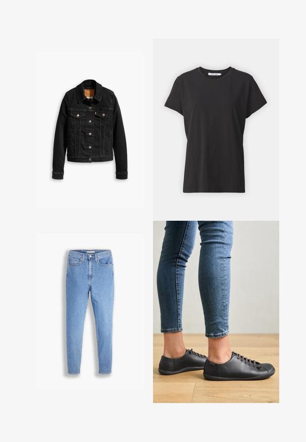 Sort denimjakke med to brystlommer, sølvknap-lukninger og klassisk krave. Glat tekstur med kontrasterende syningsdetaljer.; Sort bomulds t-shirt med klassisk rund hals, korte ærmer og afslappet pasform. Glat tekstur, ingen synlige mønstre eller detaljer.; Lyseblå high-waist slim-fit jeans med for- og baglommer, knaplukning og bæltestropper på en hvid baggrund.; Sorte lædersko med rund tå, lav profil og snørebåndsdesign. Kombineret med blå, tætsiddende jeans og en baggrund af trægulv.