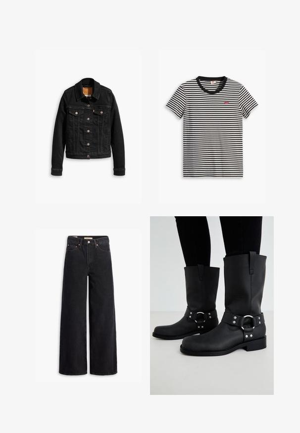 Veste en denim noir avec deux poches poitrine à l'avant, fermetures à boutons argentés et col classique. Texture lisse avec des détails de couture contrastants.; T-shirt à rayures noires et blanches en coton. Il présente un col rond et un petit logo rouge Levi's sur la poitrine. Manches courtes.; Jean noir à jambe large en denim, comportant cinq poches, des rivets en laiton et une fermeture à bouton classique. Texture lisse avec un design épuré.; ONLY SHOES by Zalando ONLBAX - Bottes de cowboy / motard - black