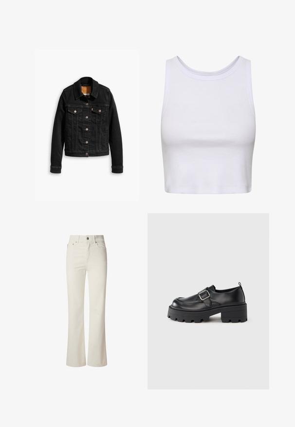 Zwarte denimjack met twee voorzakken op de borst, zilveren knoopsluitingen en een klassieke kraag. Soepele textuur met contrasterende stikdetails.; Witte crop top gemaakt van ribbelstof, met een ronde halslijn en een mouwloos ontwerp met een aansluitende pasvorm. Geen patronen of accenten.; Witte flared jeans van denim. Heeft een hoge taille, vijf zakken en een metalen knoopsluiting. Glad oppervlak zonder zichtbare patronen.; Zwarte leren plateau schoenen met een ronde neus, een brede gesp aan de zijkant en een geribbelde rubberen zool.