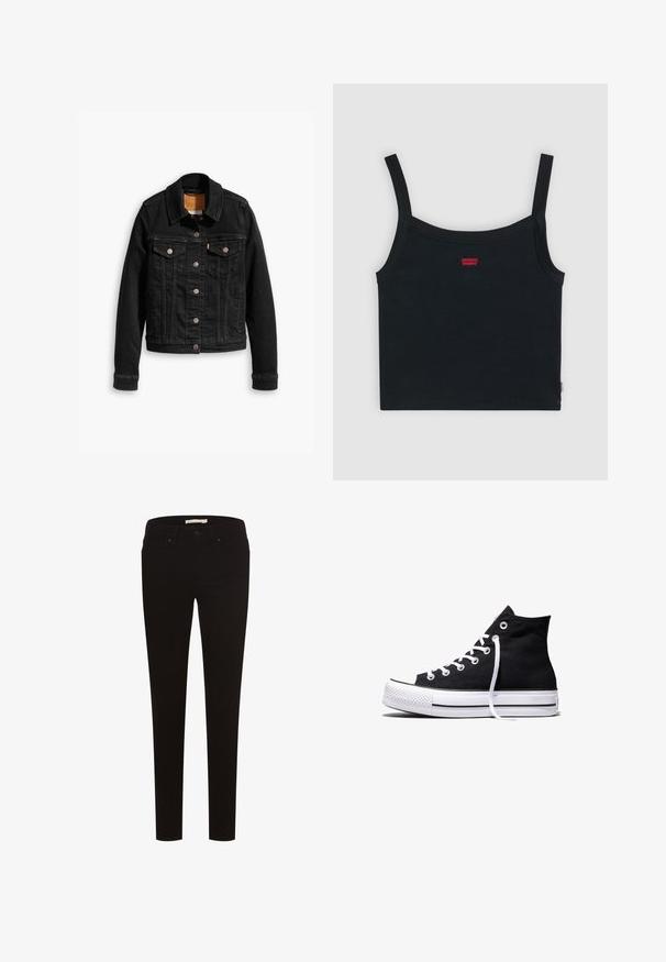 Sort denimjakke med to brystlommer, sølvknap-lukninger og klassisk krave. Glat tekstur med kontrasterende syningsdetaljer.; Sort ribbet cropped tanktop med tynde stropper og lille rødt Levi's-logo midt foran.; Sorte skinny jeans lavet af strækstof, med et klassisk fem-lomme design, knaplukning og bælteløkker. Glat tekstur hele vejen igennem.; Sort high-top canvas sneaker med hvid gummisål og hvide snørebånd, vist fra siden mod en hvid baggrund.