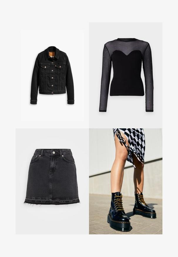 Schwarze Jeansjacke mit zwei Brusttaschen, silbernen Knopfverschlüssen und einem klassischen Kragen. Glatte Textur mit kontrastierenden Nähten.; Schwarzes Langarmoberteil mit transparentem Mesh-Oberteil, herzförmigem Ausschnitt und verstreuten silbernen Verzierungen an den Ärmeln.; Schwarze Denim-Minirock mit gerader Silhouette, vorderen Taschen, Metallknopfverschluss und fransigem Saumdetail.; Schwarze Leder-Plateau-Stiefel mit klobigen Sohlen, goldenen Schnürsenkeln und orangefarbenen Nähten, kombiniert mit einem karierten Rock, der einen seitlichen Schlitz zeigt.