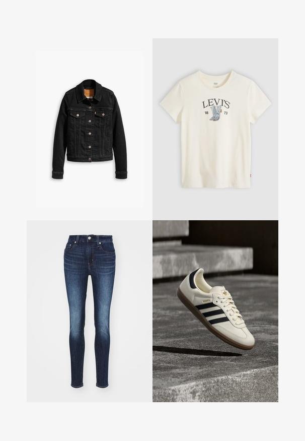 Mustmustest mustkas, millel on kaks esimest rinna taskut, hõbedased nupud ja klassikaline krae. Sujuv tekstuur kontrastsete õmbluste detailidega.; Valge lühikeste varrukatega Levi's T-särk siniste kauboisaabaste ja "LEVI'S 1873" trükiga rinnal.; Tumedatest sinised kitsad teksad keskmise kõrge vöökohaga, millel on pleekinud muster, viis taskut ning metallist nööp ja tõmblukk.; Valge Adidas Samba toss mustade triipude ja kummist tallaga, hõljuv tekstuurse halli betoonastme kohal.