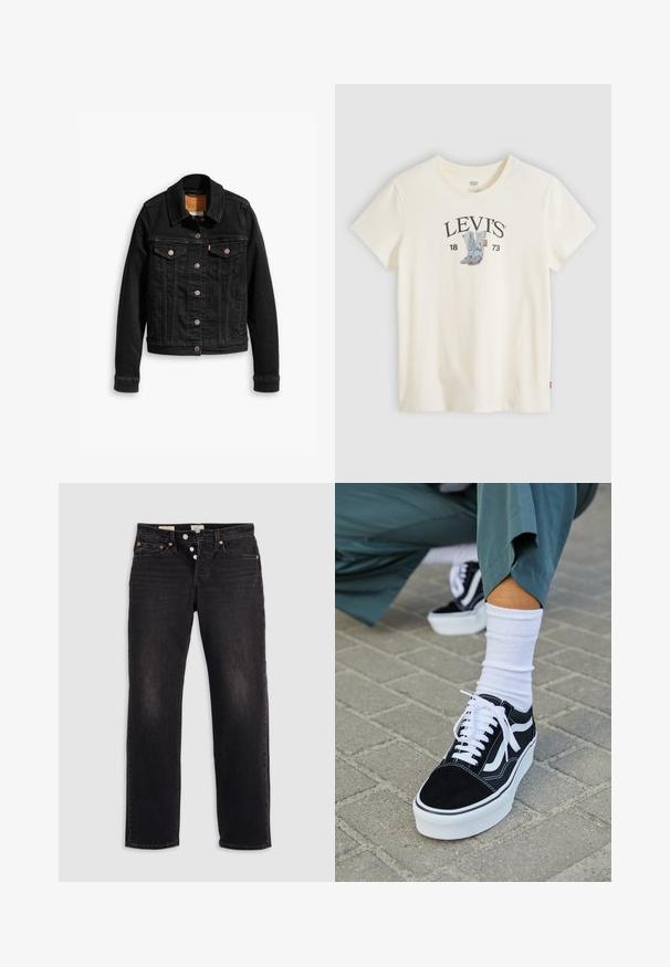 Zwarte denimjack met twee voorzakken op de borst, zilveren knoopsluitingen en een klassieke kraag. Soepele textuur met contrasterende stikdetails.; Witte Levi's T-shirt met korte mouwen met een afbeelding van blauwe cowboylaarzen en "LEVI'S 1873" gedrukt op de borst.; Zwarte denim jeans met een recht gesneden pijp, voorzien van vijf zakken, koperen klinknagels en een knoopsluiting. Zachte textuur met subtiele vervagingdetails.; Zwarte suède sneaker met witte accenten en veters, uitgerust met een dikke witte zool en contrasterende stiksels, gecombineerd met een witte sok.
