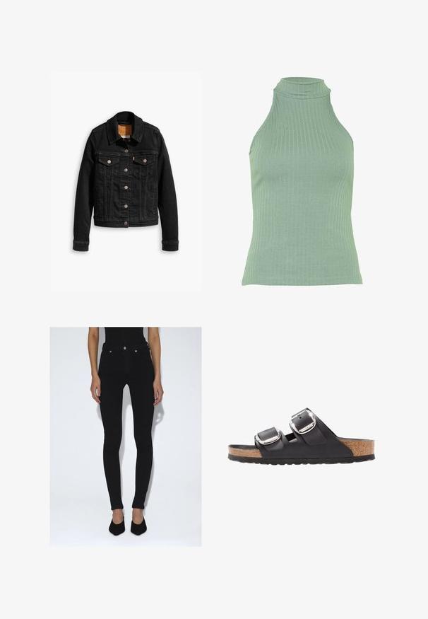 Zwarte denimjack met twee voorzakken op de borst, zilveren knoopsluitingen en een klassieke kraag. Soepele textuur met contrasterende stikdetails.; Geribbelde haltertop in lichtgroen. Heeft een hoge nek en een aansluitende silhoe¬et. Gemaakt van zachte gebreide stof met een soepele textuur.; Persoon die zwarte skinny jeans met hoge taille en zwarte puntige pumps draagt, staand tegen een effen witte achtergrond.; Zwarte sandaal met twee verstelbare banden, zilveren gespen en een kurken voetbed op een gestructureerde zwarte rubberen zool.
