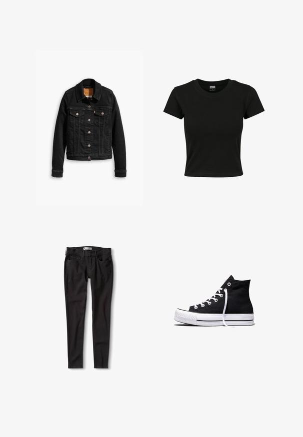 Veste en denim noir avec deux poches poitrine à l'avant, fermetures à boutons argentés et col classique. Texture lisse avec des détails de couture contrastants.; T-shirt noir à manches courtes en coton lisse, avec un col rond et une coupe ajustée. Aucun motif ou accent visible.; Jeans en denim noir avec une coupe droite, dotés d'une taille standard, de passants de ceinture et de deux poches avant. Texture lisse, matériel minimal.; Baskets montantes en toile noire avec semelle en caoutchouc blanche et lacets blancs, vues de côté sur un fond blanc.