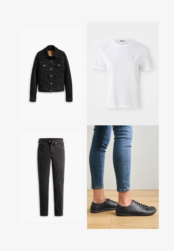 Sort denimjakke med to brystlommer, sølvknap-lukninger og klassisk krave. Glat tekstur med kontrasterende syningsdetaljer.; Hvid T-shirt med korte ærmer lavet af blødt stof. Har en rund halsudskæring og en lige pasform, med en label på den indre krave.; Sorte denim jeans med lige ben, der har fem lommer, kobberhardware og en let slidte måde.; Sorte lædersko med rund tå, lav profil og snørebåndsdesign. Kombineret med blå, tætsiddende jeans og en baggrund af trægulv.