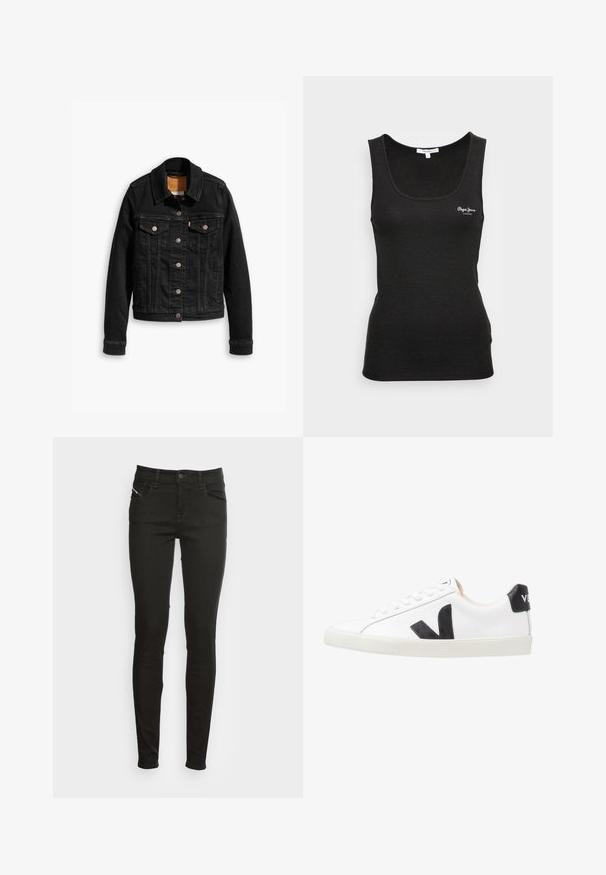 Zwarte denimjack met twee voorzakken op de borst, zilveren knoopsluitingen en een klassieke kraag. Soepele textuur met contrasterende stikdetails.; Zwarte geribde tanktop met een ronde hals en witte logo-accent op de borst. De stof is soepel met een getailleerde pasvorm.; Zwarte slim-fit jeans met voorzakken, riemlussen, knoopsluiting en rits, weergegeven tegen een witte achtergrond.; Witte sneaker met een zwart V-logo, voorzien van een gladleren bovenwerk, ronde neus, vetersluiting en een contrasterende zwarte hieltab.
