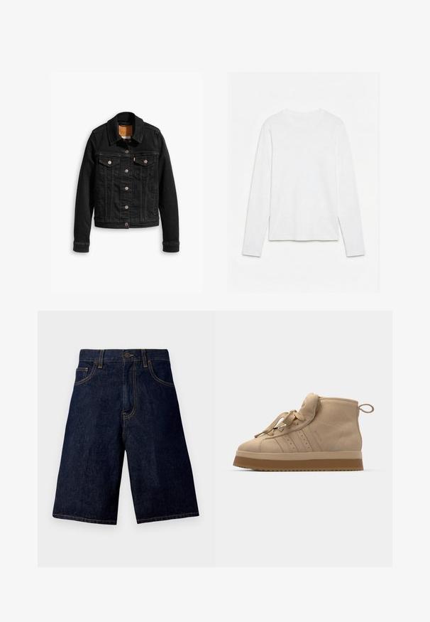 Zwarte denimjack met twee voorzakken op de borst, zilveren knoopsluitingen en een klassieke kraag. Soepele textuur met contrasterende stikdetails.; Effen wit, langarmig shirt met ronde hals, plat neerligt op een witte ondergrond, waarbij de voorkant en de volledige mouwlengte zichtbaar zijn.; Donkerblauwe denim shorts met een rechte snit, voorzien van een klassieke vijf-pocketontwerp en contrasterende gouden stiksels.; Beige suède high-top sneakers met een dikke rubberen zool, voorzien van een opvouwbare tong, ronde neus en decoratieve veters.