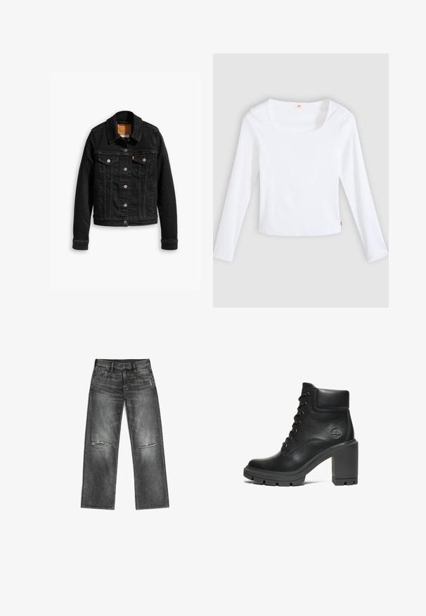 Schwarze Jeansjacke mit zwei Brusttaschen, silbernen Knopfverschlüssen und einem klassischen Kragen. Glatte Textur mit kontrastierenden Nähten.; Weißes Langarm-T-Shirt aus Rippstoff mit quadratischem Ausschnitt und figurbetontem Schnitt, mit einem kleinen Logobändchen an der Seite.; Schwarze, ausgewaschene Straight-Leg-Jeans mit rissigen Stellen an den Knien und klassischem Fünf-Taschen-Design, flach auf einem weißen Hintergrund ausgelegt.; Schwarze Leder-Stiefelette mit einem klobigen Absatz, Schnürdesign und strukturiertem Gummisohl; besitzt ein kleines geprägtes Logo an der Seite.
