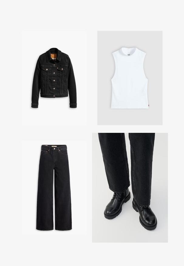 Veste en denim noir avec deux poches poitrine à l'avant, fermetures à boutons argentés et col classique. Texture lisse avec des détails de couture contrastants.; Top blanc sans manches en coton avec col rond haut et petite étiquette Levi's sur le côté, présenté sur un fond gris clair.; Jean noir à jambe large en denim, comportant cinq poches, des rivets en laiton et une fermeture à bouton classique. Texture lisse avec un design épuré.; Bottines en cuir noir avec bout rond, lacets et semelle épaisse et robuste. Associées à un jeans foncé avec un détail d'ourlet brut.