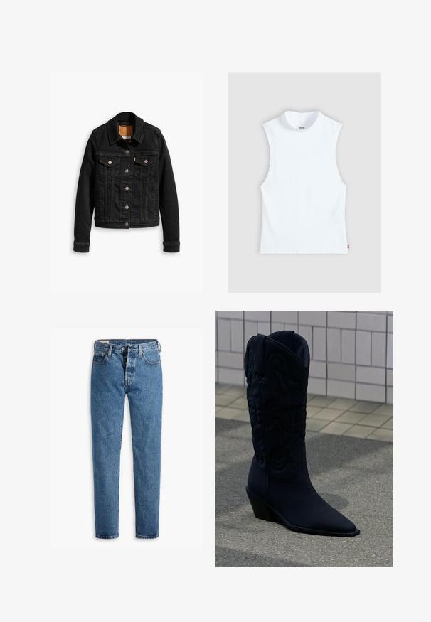 Zwarte denimjack met twee voorzakken op de borst, zilveren knoopsluitingen en een klassieke kraag. Soepele textuur met contrasterende stikdetails.; Wit mouwloos katoenen top met hoge ronde hals en klein Levi's-label aan de zijkant, weergegeven tegen een lichtgrijze achtergrond.; Lichtblauwe spijkerbroek met een rechte snit, vijf zakken en een standaard knoopsluiting. Heeft oranje stiksels en een licht vervaagde textuur.; Zwarte cowboylaars met decoratief stiksel en schuine hak op grijze bestrating bij een achtergrond van betegelde muur.