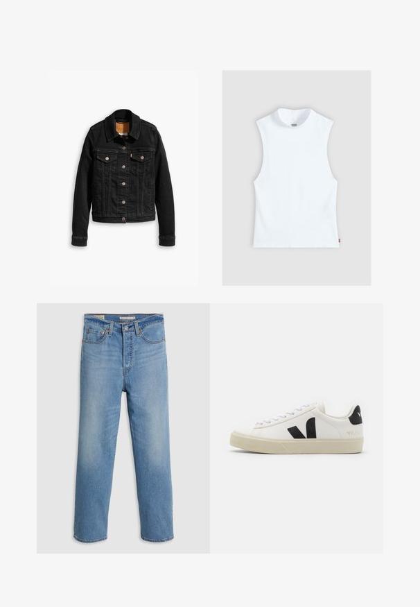Veste en denim noir avec deux poches poitrine à l'avant, fermetures à boutons argentés et col classique. Texture lisse avec des détails de couture contrastants.; Top blanc sans manches en coton avec col rond haut et petite étiquette Levi's sur le côté, présenté sur un fond gris clair.; Jeans en denim bleu clair à jambes droites avec poches avant, passants de ceinture et fermeture à bouton sur fond uni.; Baskets en cuir blanc avec un logo V en caoutchouc noir. Semelle texturée blanc cassé, lacets blancs et détail sur le talon arrière portant le nom de la marque en noir.