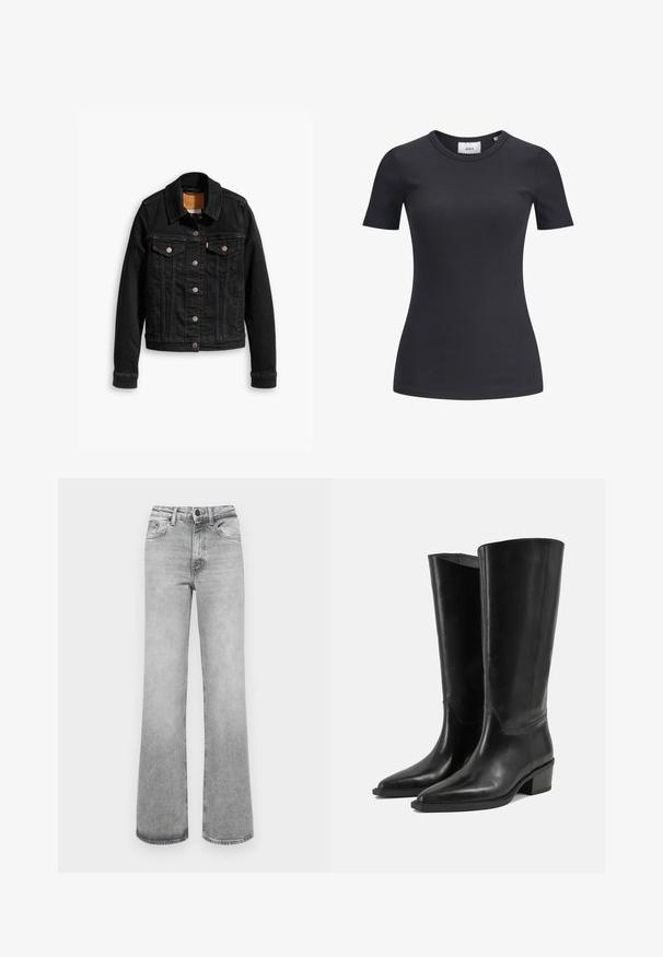Zwarte denimjack met twee voorzakken op de borst, zilveren knoopsluitingen en een klassieke kraag. Soepele textuur met contrasterende stikdetails.; Zwarte geribbelde T-shirt met korte mouwen en een ronde hals. Gemaakt van een zachte, rekbare stof, met een subtiele textuur en een aansluitende snit.; Lichtgrijze vervaagde rechte spijkerbroek met voorzakken, riemlussen en een knoop- en ritssluiting.; Een paar hoge zwarte leren laarzen met lage blokhakken en puntige neuzen op een effen lichte achtergrond.